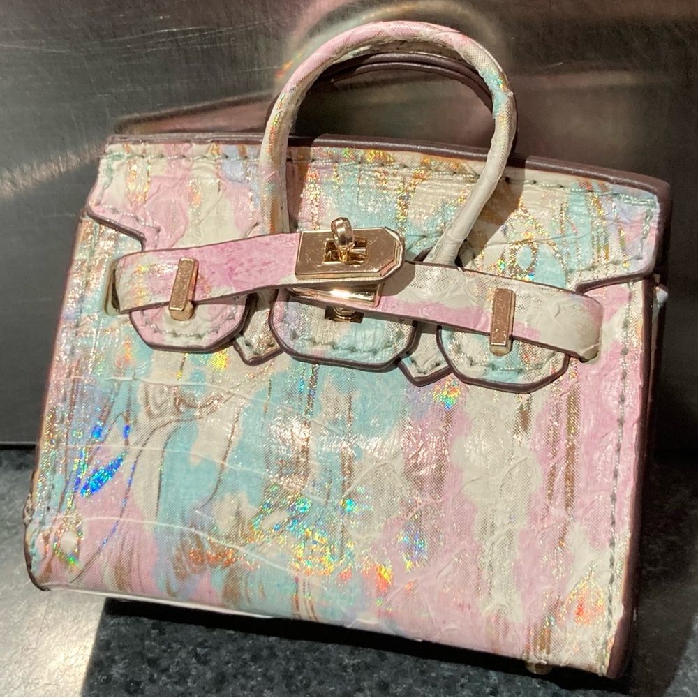 🐍👜 Handmade Genuine Leather Mini Holographic Snakeskin Birkin Textured Bag Charm